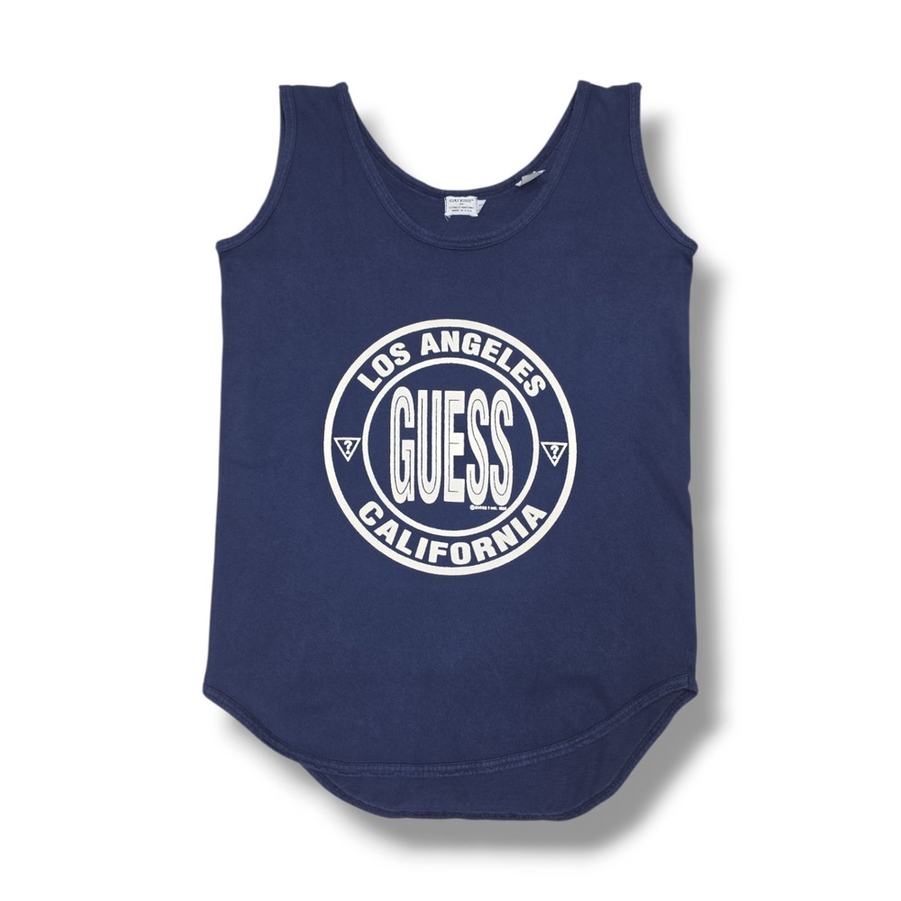 Vintage Guess Spell Out Puffy Print USA Made Navy Blue Tank Top 1992 Size Small